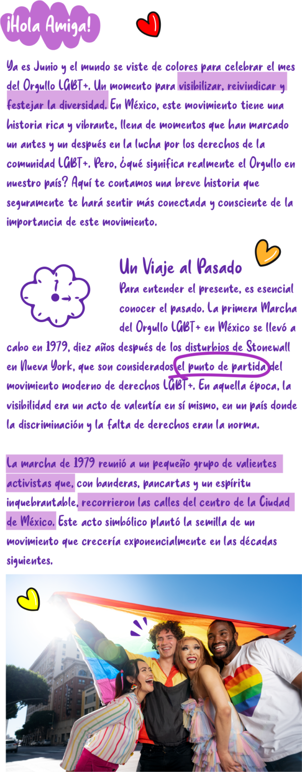 ¡Hola Amiga! Ya es Junio y el mundo se viste de colores para celebrar el mes del Orgullo LGBT+. Un momento para visibilizar, reivindicar y festejar la diversidad. En México, este movimiento tiene una historia rica y vibrante, llena de momentos que han marcado un antes y un después en la lucha por los derechos de la comunidad LGBT+. Pero, ¿qué significa realmente el Orgullo en nuestro país? Aquí te contamos una breve historia que seguramente te hará sentir más conectada y consciente de la importancia de este movimiento. Un Viaje al Pasado Para entender el presente, es esencial conocer el pasado. la primera Marcha del Orgullo LGBT+ en México se llevó a cabo en 1979, diez años después de los disturbios de Stonewall en Nueva York, que son considerados el punto de partida del movimiento moderno de derechos LGBT+. En aquella época, la visibilidad era un acto de valentía en sí mismo, en un país donde la discriminación y la falta de derechos eran la norma. La marcha de 1979 reunió a un pequeño grupo de valientes activistas que, con banderas, pancartas y un espíritu inquebrantable, recorrieron las calles del centro de la Ciudad de México, Este acto simbólico plantó la semilla de un movimiento que crecería exponencialmente en las décadas siguientes.